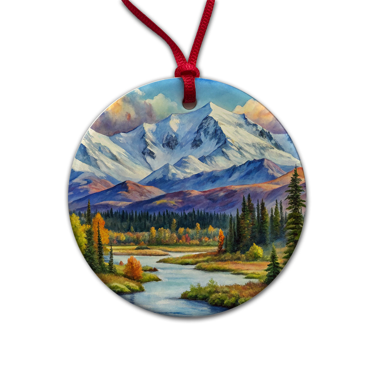 Denali National Park Alaska Watercolor Style Round Ceramic Holiday Christmas Tree Ornament