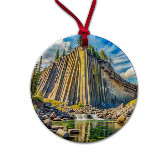 Devils Postpile National Monument California Watercolor Style Round Ceramic Holiday Christmas Tree Ornament