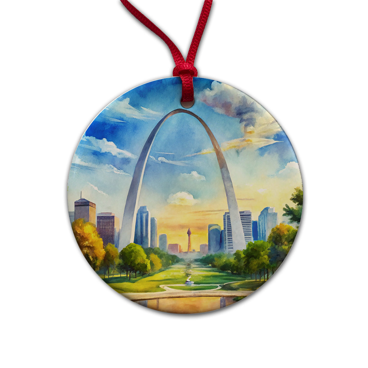 Gateway Arch National Park Missouri Watercolor Style Round Ceramic Holiday Christmas Tree Ornament