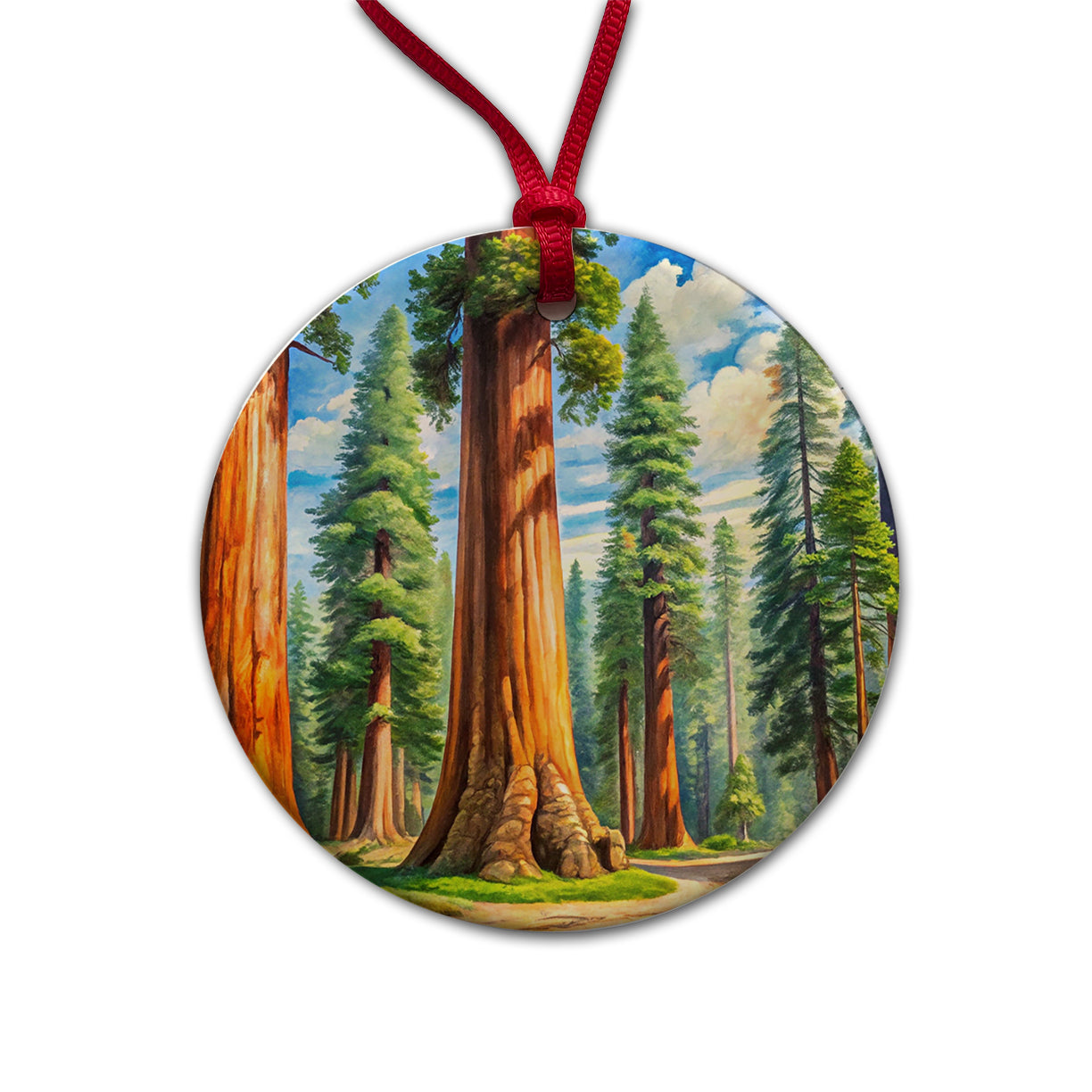 Giant Sequoia National Monument California Watercolor Style Round Ceramic Holiday Christmas Tree Ornament