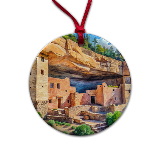 Gila Cliff Dwellings National Monument New Mexico Watercolor Style Round Ceramic Holiday Christmas Tree Ornament