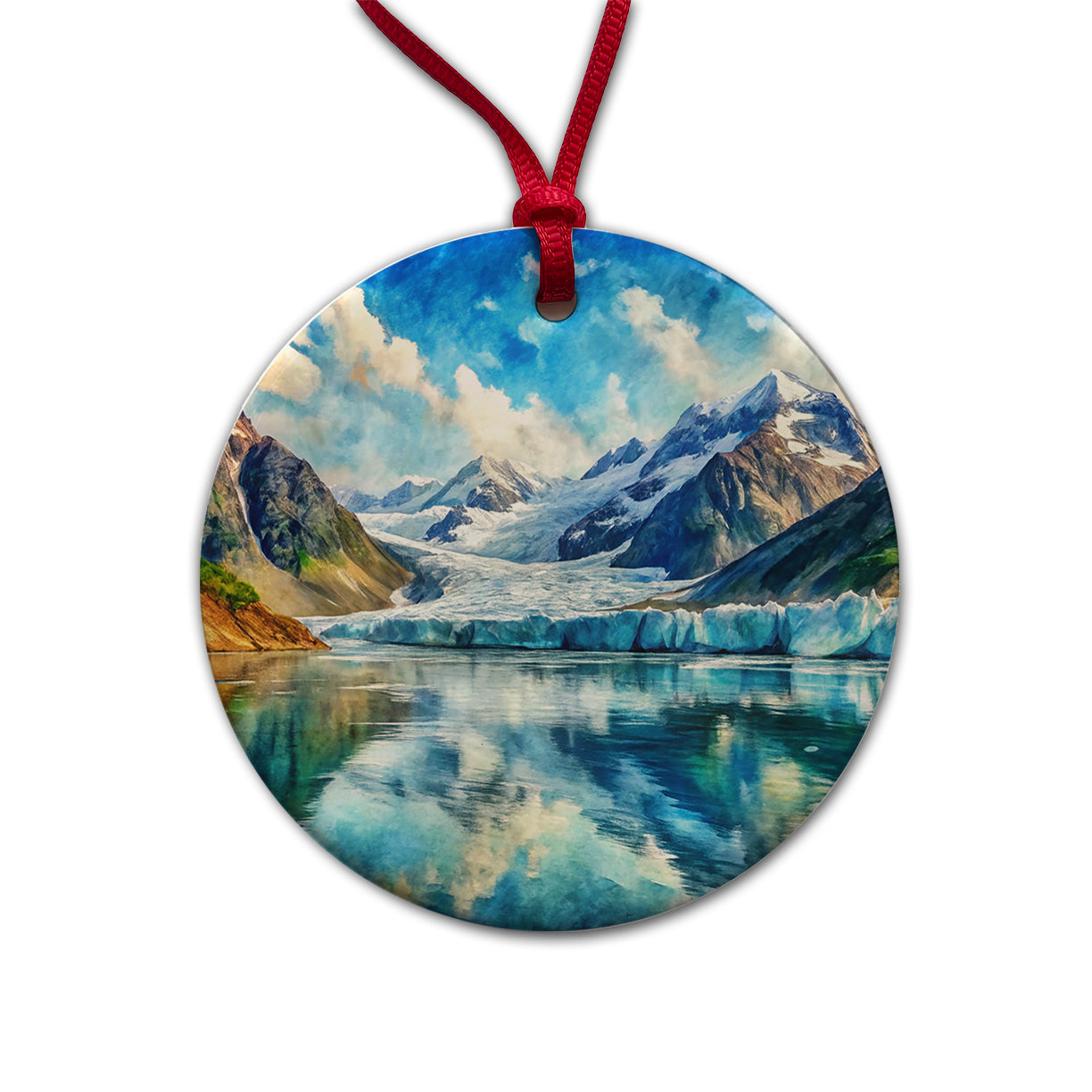 Glacier Bay National Park Alaska Watercolor Style Round Ceramic Holiday Christmas Tree Ornament