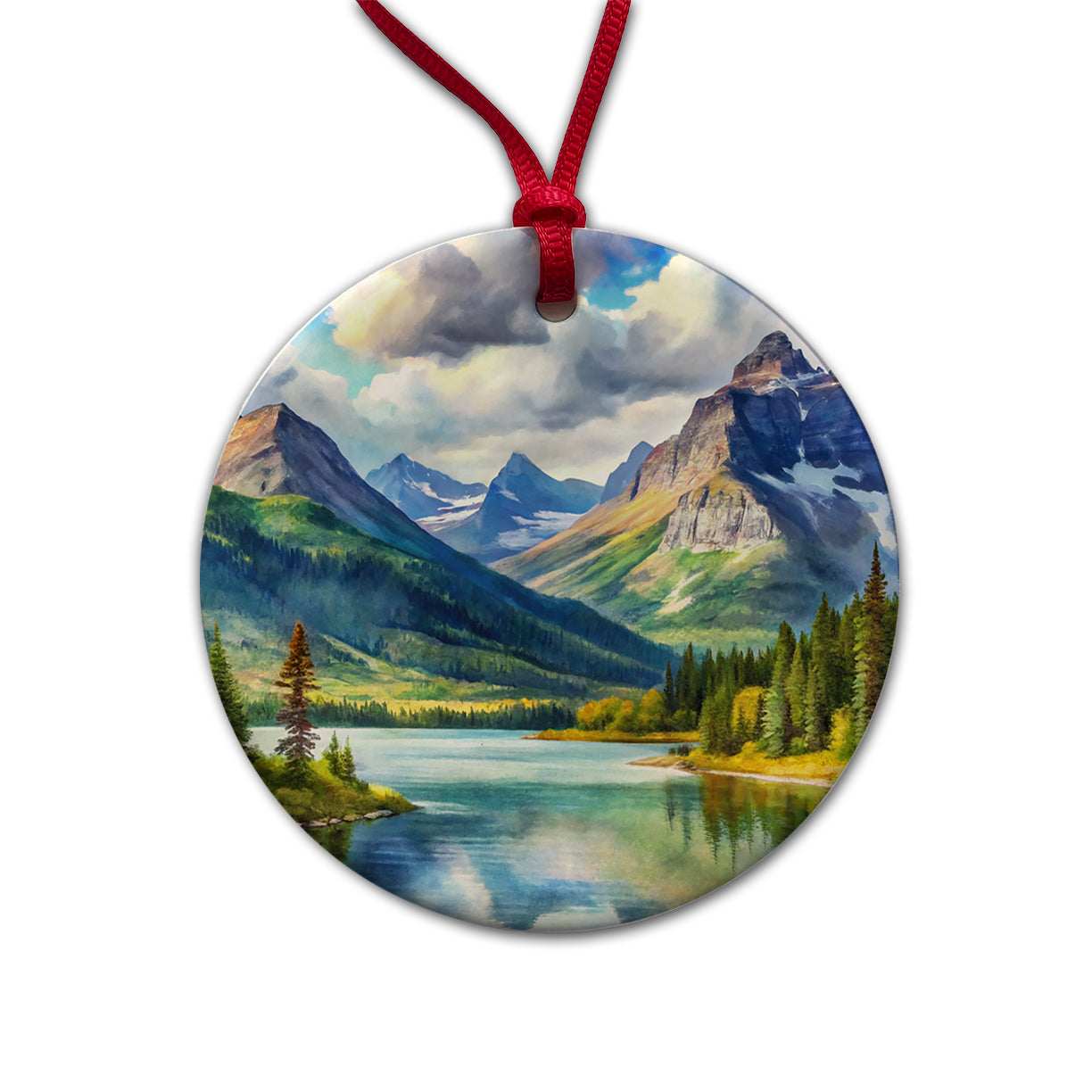 Glacier National Park Montana Watercolor Style Round Ceramic Holiday Christmas Tree Ornament