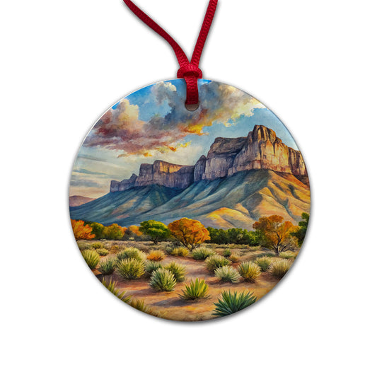 Guadalupe Mountains National Park Texas Watercolor Style Round Ceramic Holiday Christmas Tree Ornament