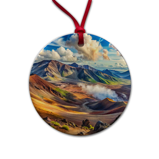 Haleakala National Park Hawaii Watercolor Style Round Ceramic Holiday Christmas Tree Ornament