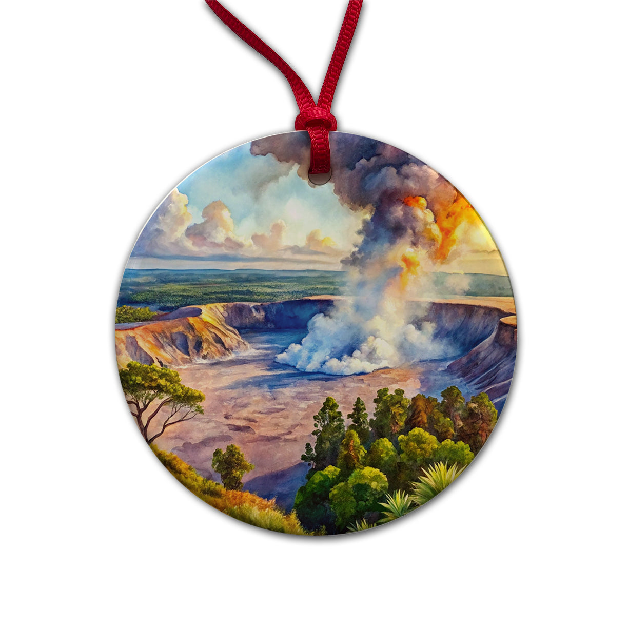 Hawai'i Volcanoes National Park Watercolor Style Round Ceramic Holiday Christmas Tree Ornament