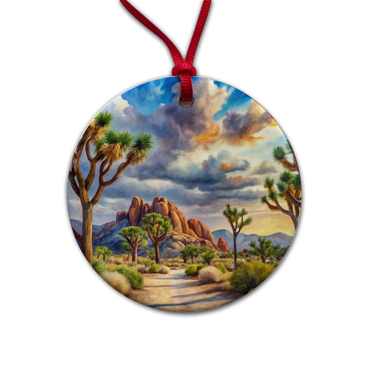Joshua Tree National Park California Watercolor Style Round Ceramic Holiday Christmas Tree Ornament