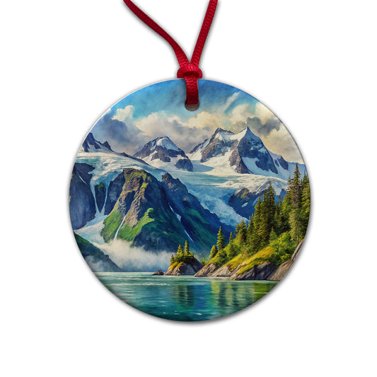 Kenai Fjords National Park Alaska Watercolor Style Round Ceramic Holiday Christmas Tree Ornament