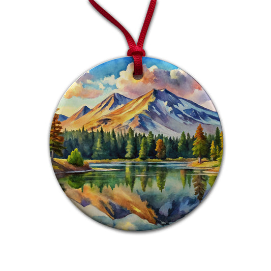 Lassen Volcanic National Park California Watercolor Style Round Ceramic Holiday Christmas Tree Ornament