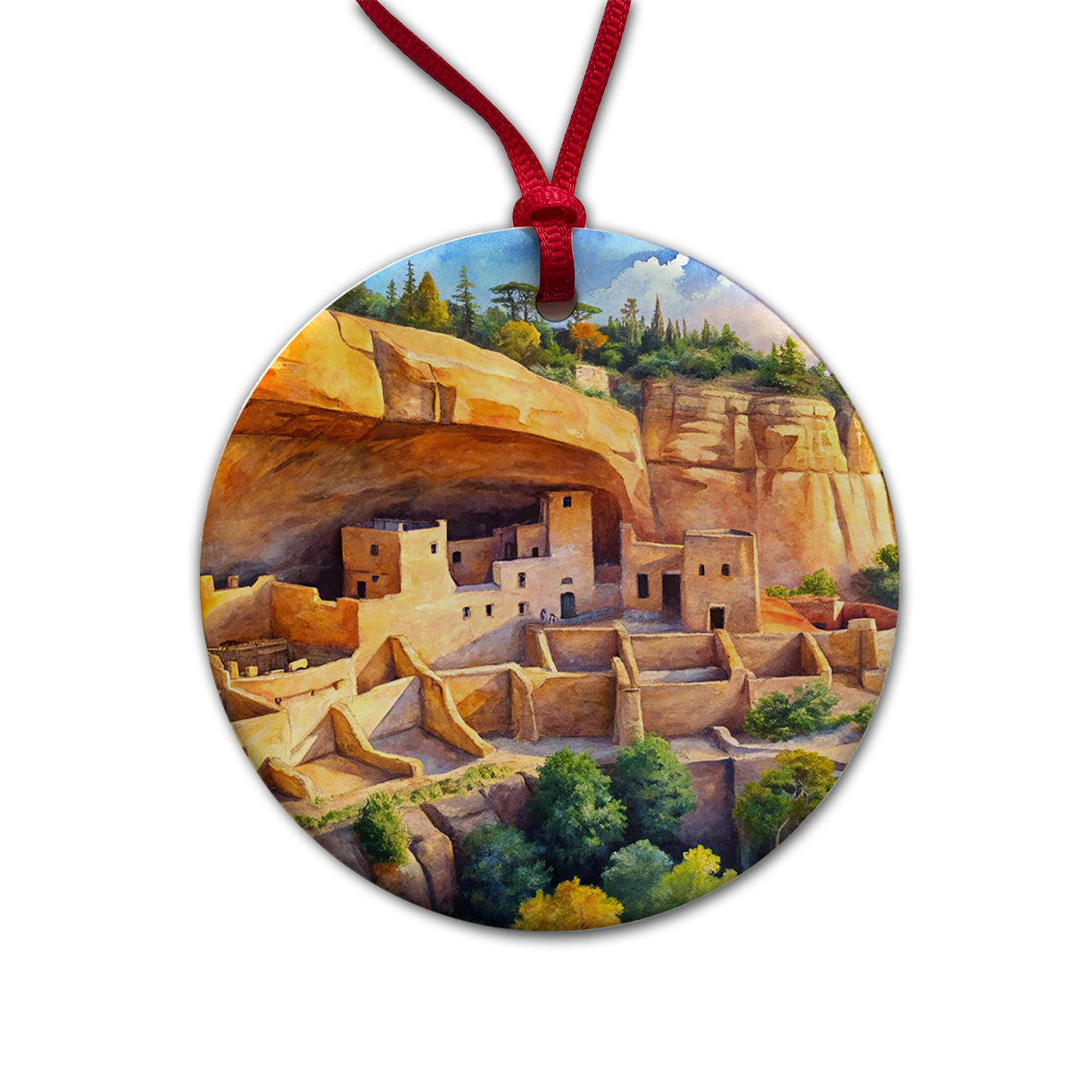 Mesa Verde National Park Colorado Watercolor Style Round Ceramic Holiday Christmas Tree Ornament