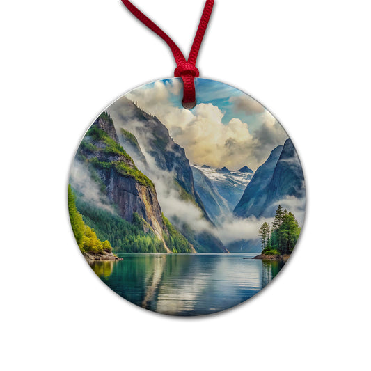 Misty Fjords National Monument Alaska Watercolor Style Round Ceramic Holiday Christmas Tree Ornament