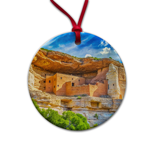 Montezuma Castle National Monument Arizona Watercolor Style Round Ceramic Holiday Christmas Tree Ornament