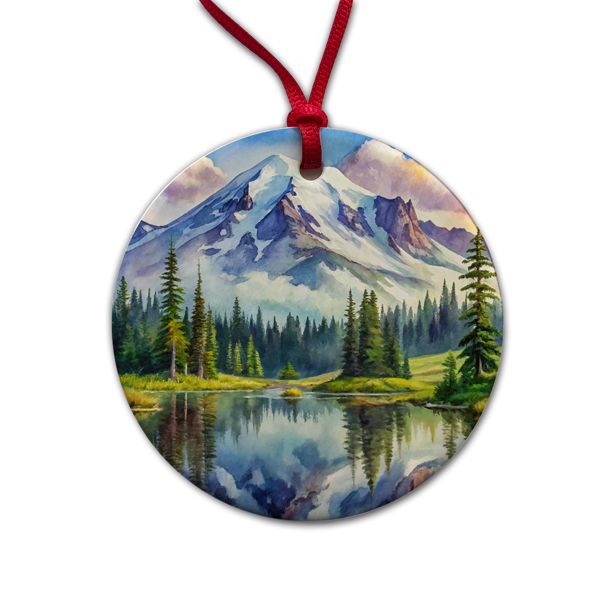 Mount Rainier National Park Washington Watercolor Style Round Ceramic Holiday Christmas Tree Ornament