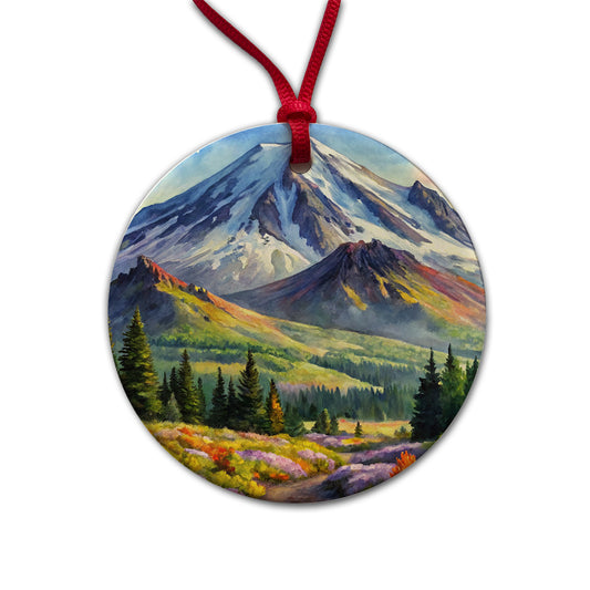 Mount St. Helens Volcanic National Monument Washington Watercolor Style Round Ceramic Holiday Christmas Tree Ornament