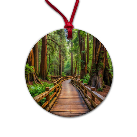 Muir Woods National Monument California Watercolor Style Round Ceramic Holiday Christmas Tree Ornament