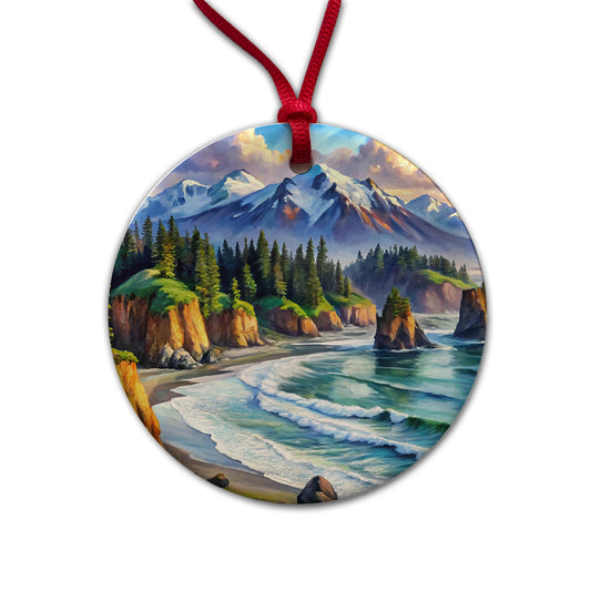 Olympic National Park Washington Watercolor Style Round Ceramic Holiday Christmas Tree Ornament