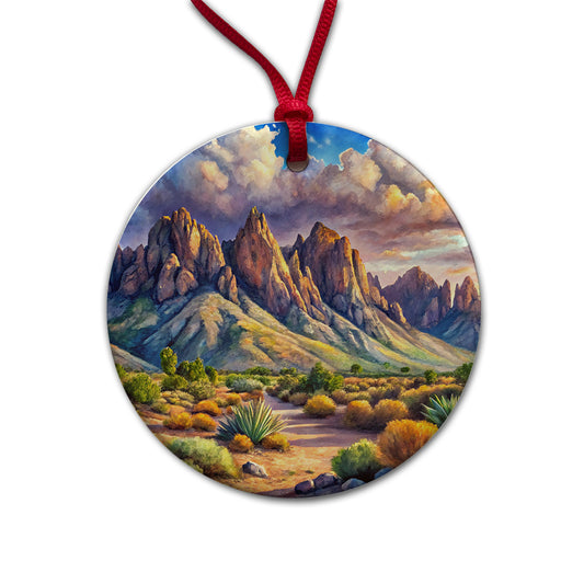 Organ Mountains-Desert Peaks National Monument New Mexico Watercolor Style Round Ceramic Holiday Christmas Tree Ornament