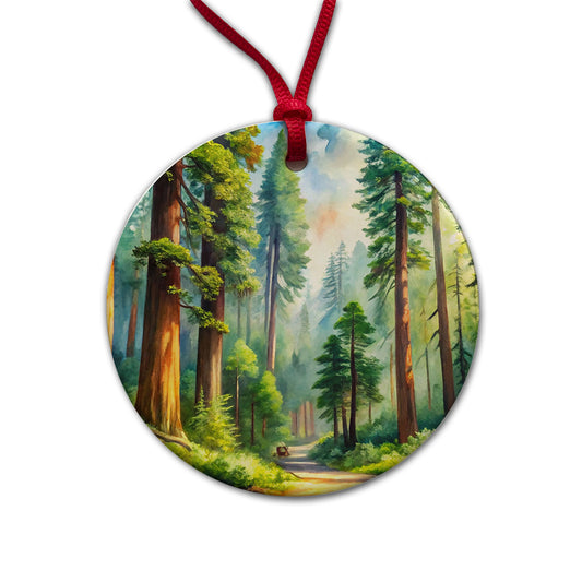 Redwood National Park California Watercolor Style Round Ceramic Holiday Christmas Tree Ornament