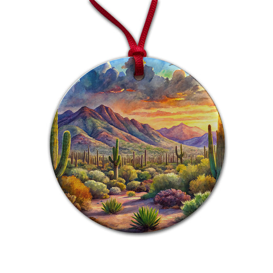 Saguaro National Park Arizona Watercolor Style Round Ceramic Holiday Christmas Tree Ornament