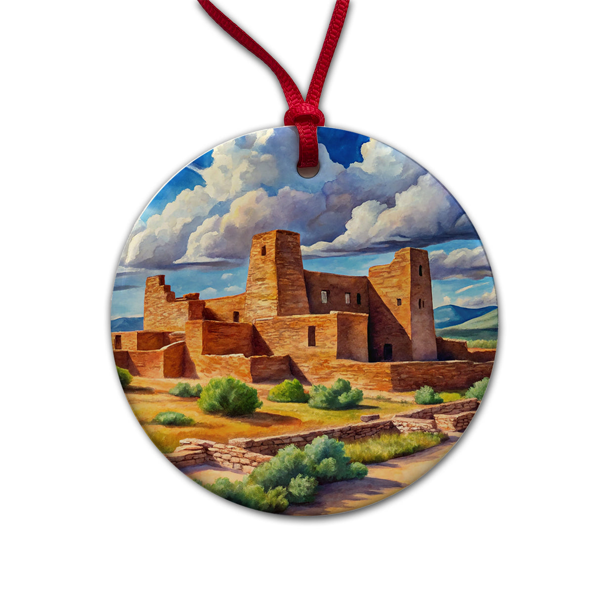 Salinas Pueblo Missions National Monument New Mexico Watercolor Style Round Ceramic Holiday Christmas Tree Ornament