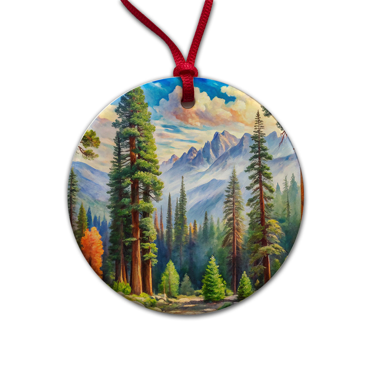 Sequoia National Park California Watercolor Style Round Ceramic Holiday Christmas Tree Ornament