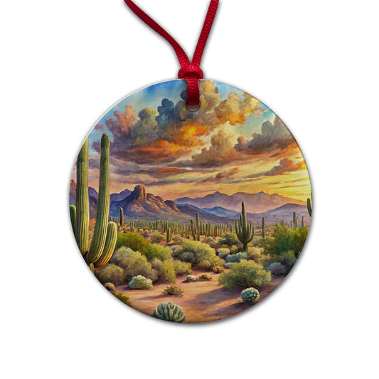 Sonoran Desert National Monument Arizona Watercolor Style Round Ceramic Holiday Christmas Tree Ornament