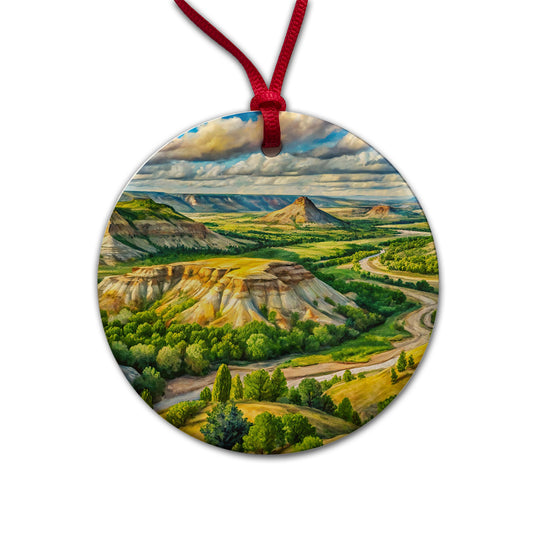Theodore Roosevelt National Park North Dakota Watercolor Style Round Ceramic Holiday Christmas Tree Ornament