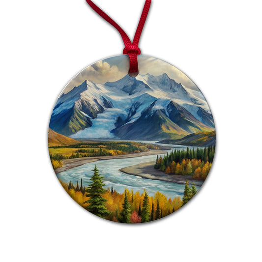 Wrangell - St. Elias National Park Alaska Watercolor Style Round Ceramic Holiday Christmas Tree Ornament