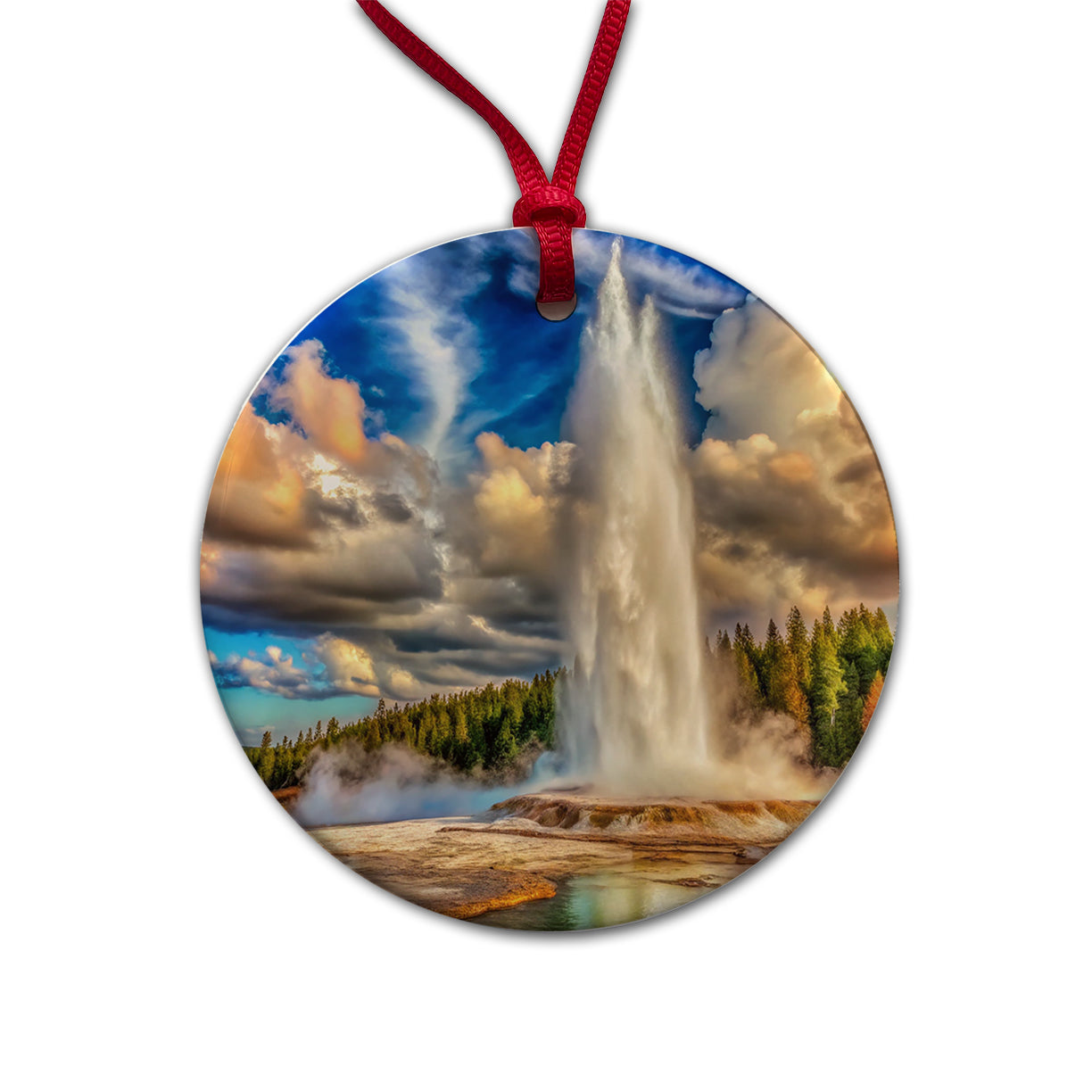 Yellowstone National Park Old Faithful Watercolor Style Round Ceramic Holiday Christmas Tree Ornament