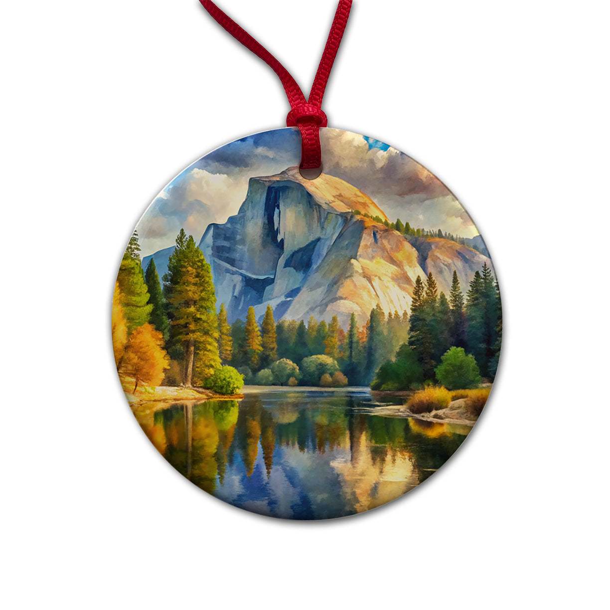 Yosemite National Park Half Dome Watercolor Style Round Ceramic Holiday Christmas Tree Ornament