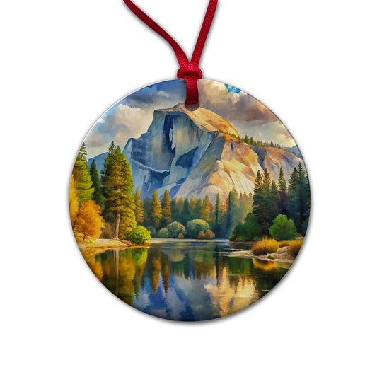 Yosemite National Park Half Dome Watercolor Style Round Ceramic Holiday Christmas Tree Ornament