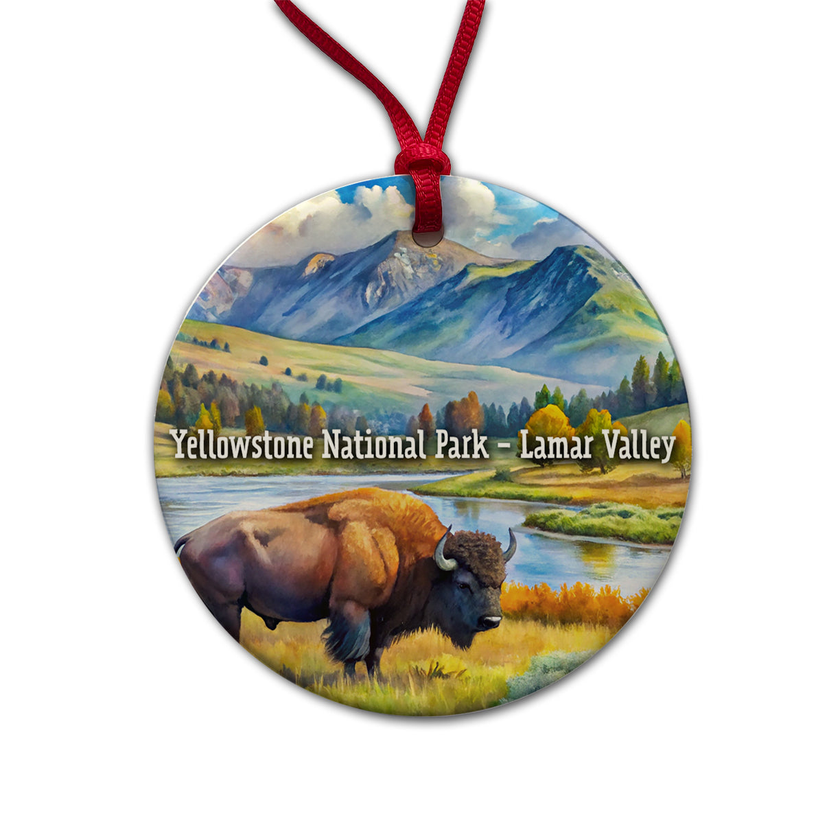 Yellowstone National Park Lamar Valley Round Ceramic Holiday Christmas Tree Ornament