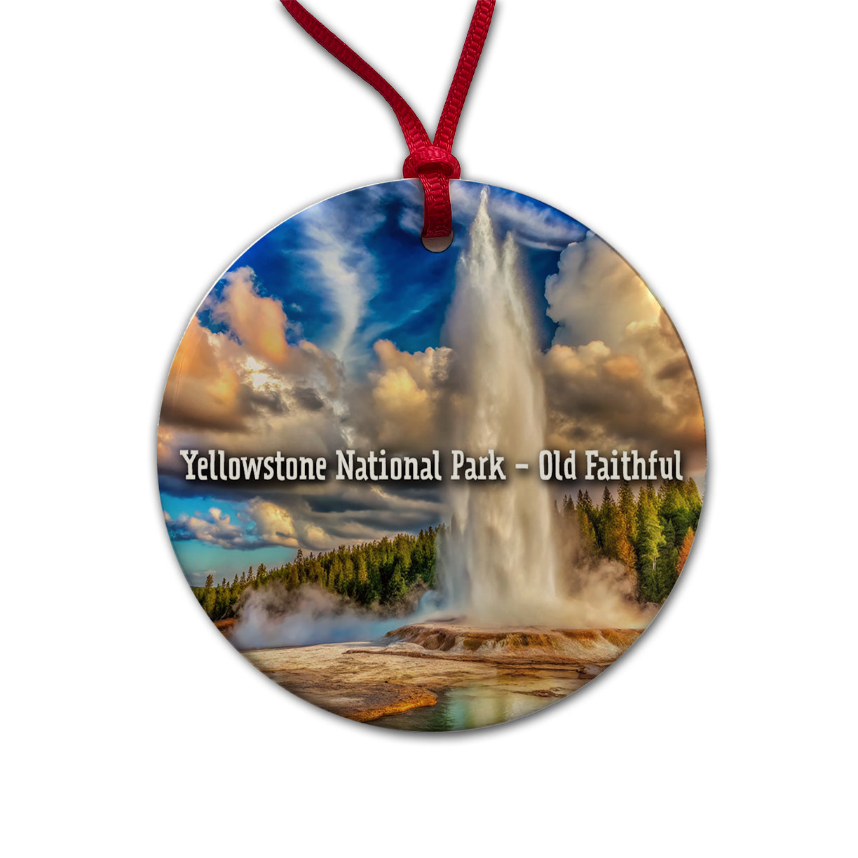 Yellowstone National Park Old Faithful Round Ceramic Holiday Christmas Tree Ornament