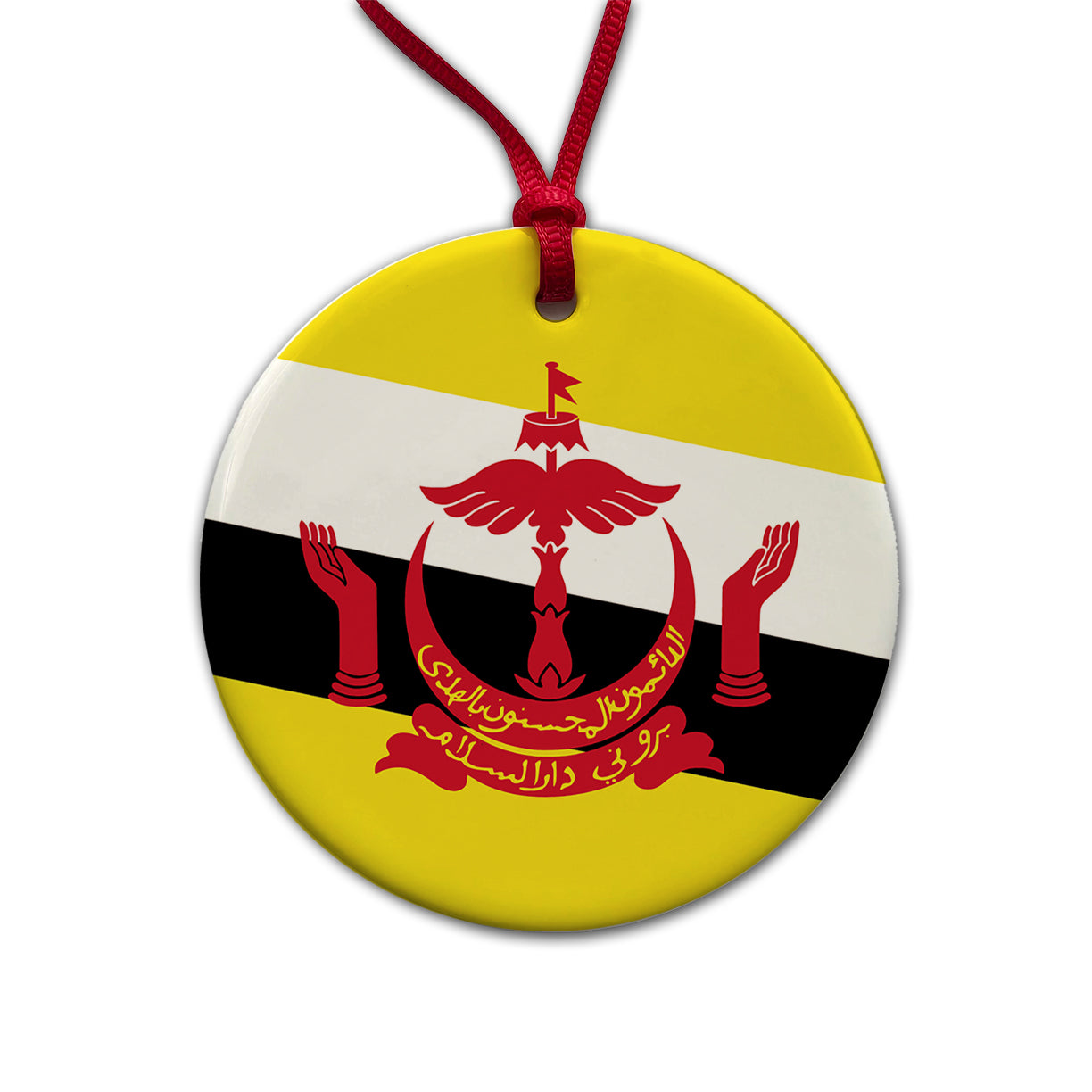 Brunei Darussalam Country Flag Round Ceramic Holiday Christmas Tree Ornament