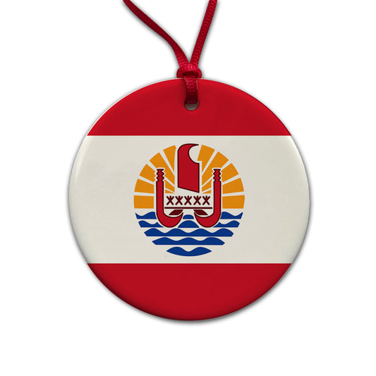 French Polynesia Country Flag Round Ceramic Holiday Christmas Tree Ornament