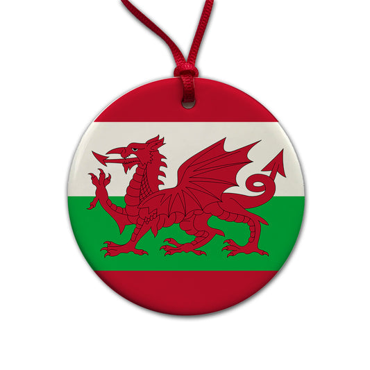 Great Britain Wales Country Flag Round Ceramic Holiday Christmas Tree Ornament