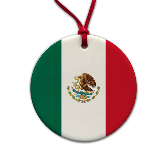 Mexico Country Flag Round Ceramic Holiday Christmas Tree Ornament