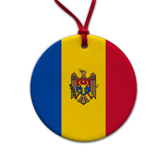 Moldova Country Flag Round Ceramic Holiday Christmas Tree Ornament