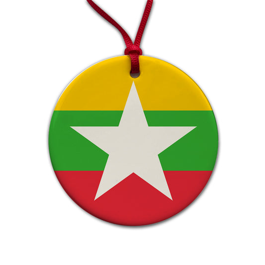 Myanmar Country Flag Round Ceramic Holiday Christmas Tree Ornament