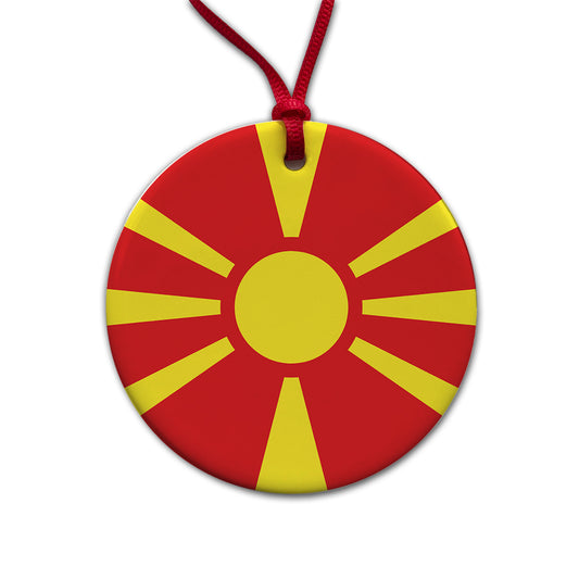 Republic of North Macedonia Country Flag Round Ceramic Holiday Christmas Tree Ornament