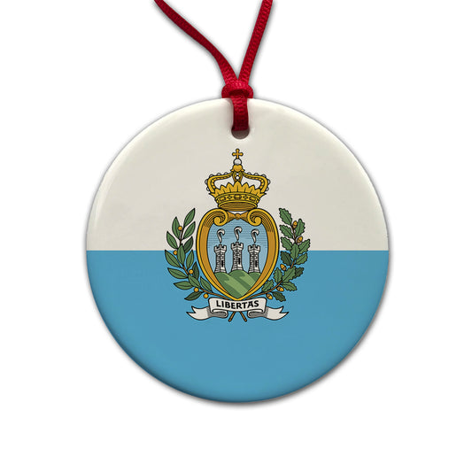 San Marino Country Flag Round Ceramic Holiday Christmas Tree Ornament