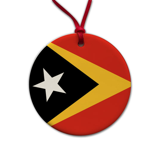 Timor-Leste Country Flag Round Ceramic Holiday Christmas Tree Ornament