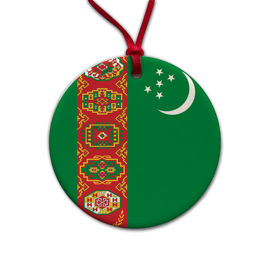 Turkmenistan Country Flag Round Ceramic Holiday Christmas Tree Ornament