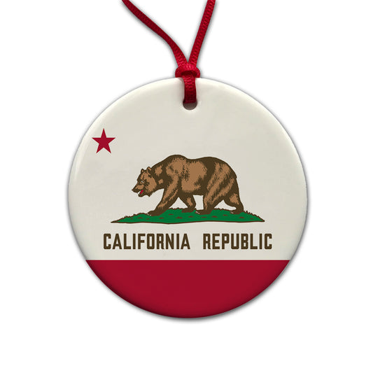 California CA State Flag Round Ceramic Holiday Christmas Tree Ornament