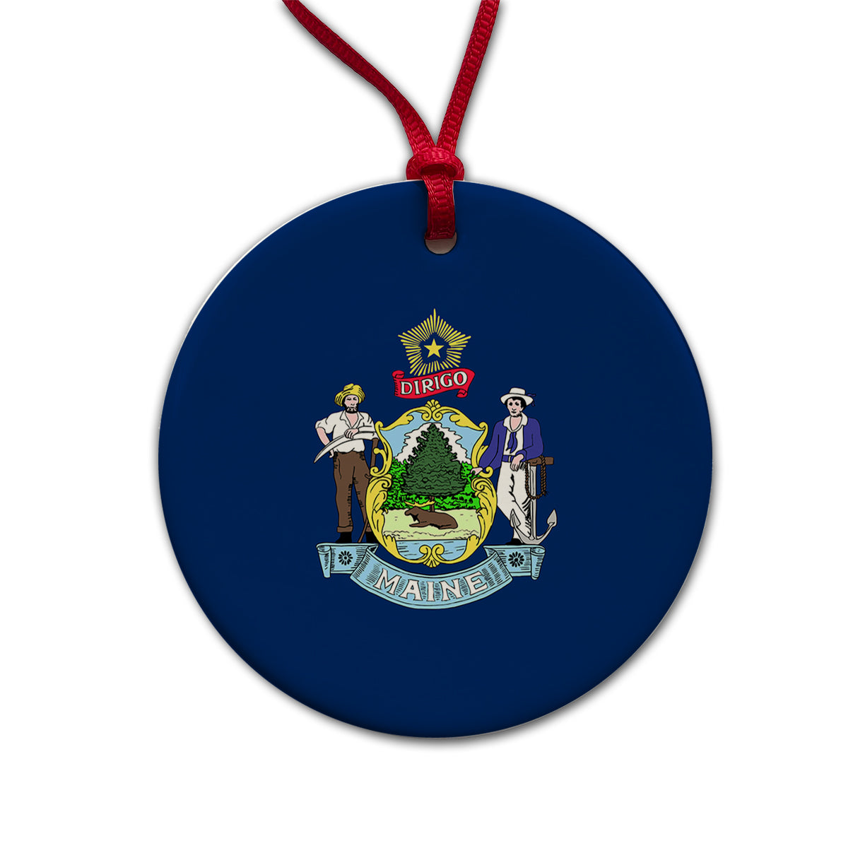 Maine ME State Flag Round Ceramic Holiday Christmas Tree Ornament
