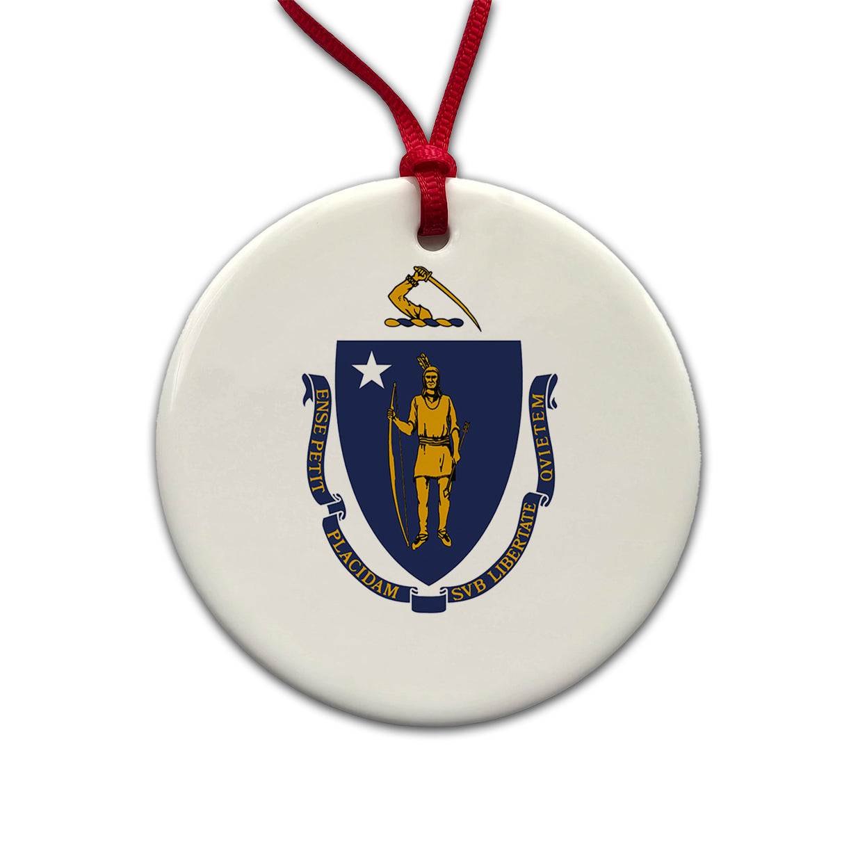 Massachusetts MA State Flag Round Ceramic Holiday Christmas Tree Ornament
