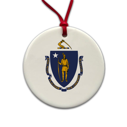 Massachusetts MA State Flag Round Ceramic Holiday Christmas Tree Ornament