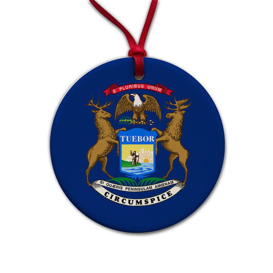 Michigan MI State Flag Round Ceramic Holiday Christmas Tree Ornament