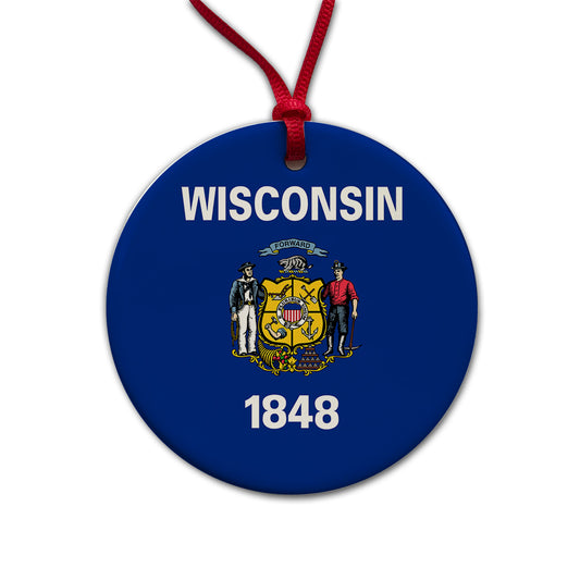 Wisconsin WI State Flag Round Ceramic Holiday Christmas Tree Ornament