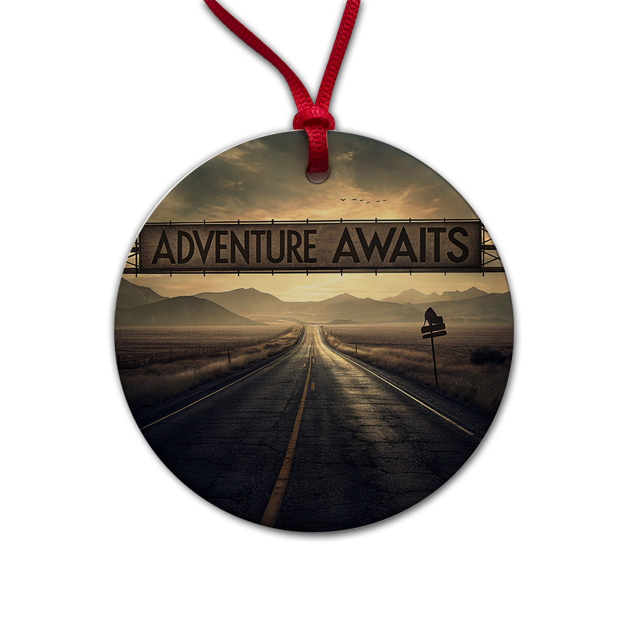 Adventure Awaits Highway Vanishing Point Round Ceramic Holiday Christmas Tree Ornament
